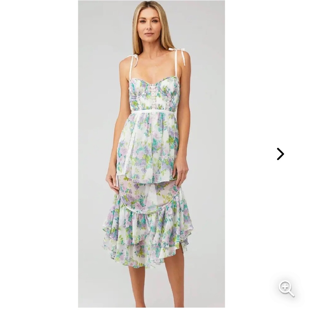 For Love & Lemons Floral Corset Midi Dress